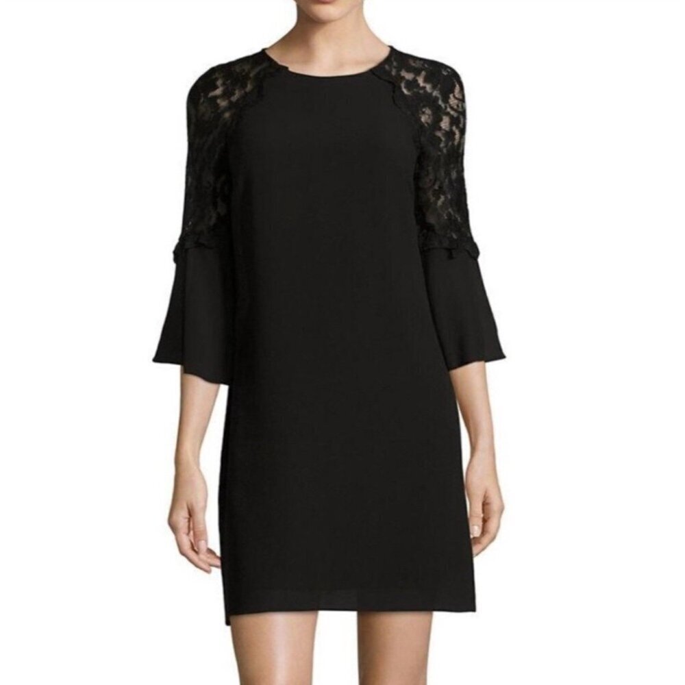 NEW! Leslie Fay Velvet Floral Lace Shift Dress Tiered Ruffle Sleeves Black SZ 12